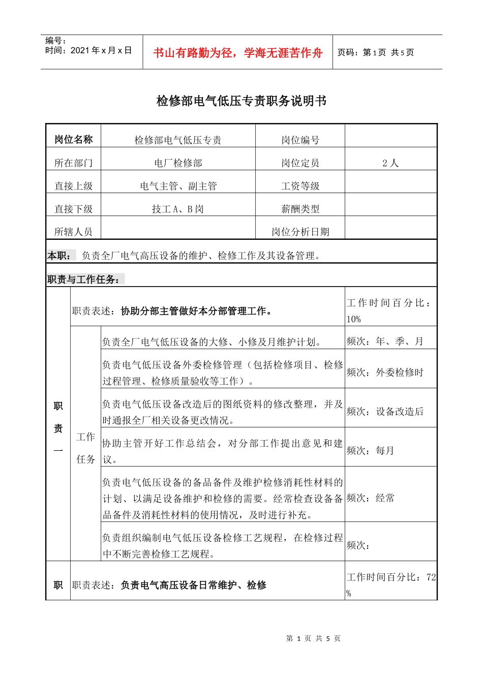 电气低压专责 岗位说明书_第1页