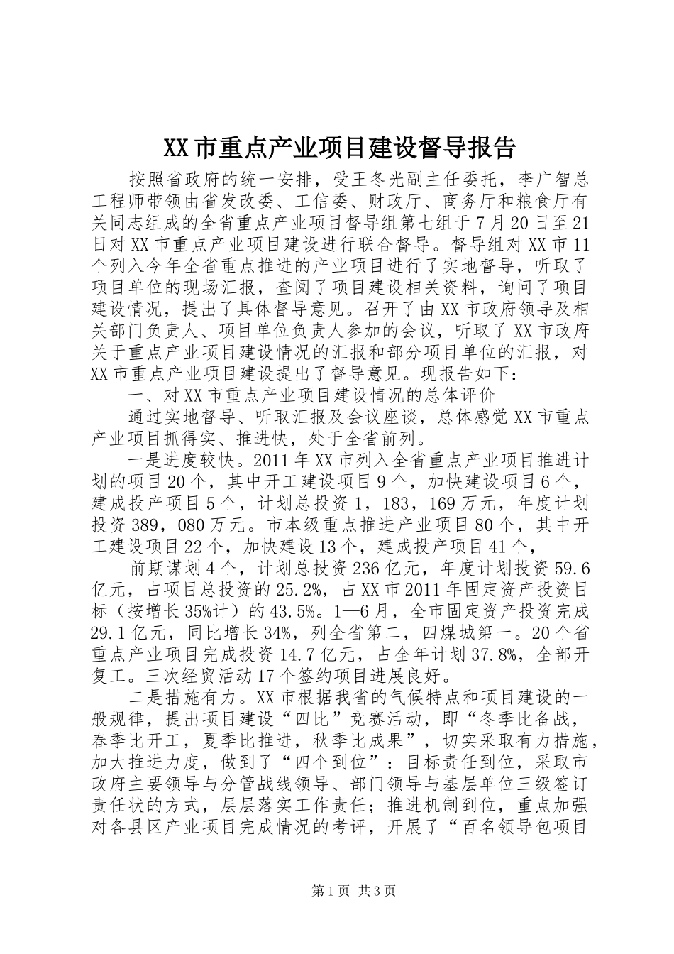XX市重点产业项目建设督导报告_第1页