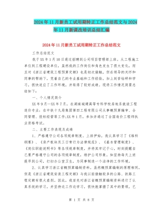 2024年11月新员工试用期转正工作总结范文与2024年11月新课改培训总结汇编