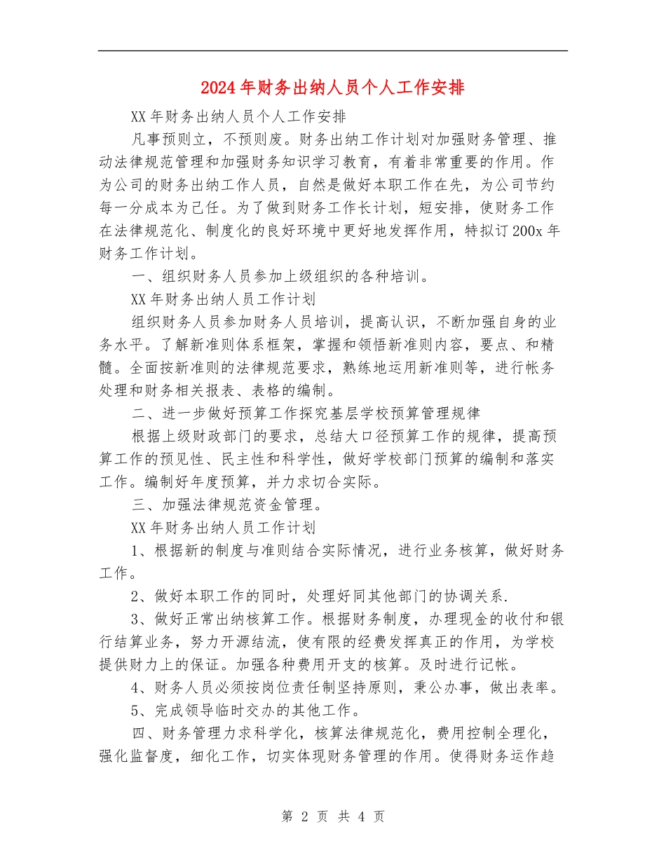 2024年财务出纳人员个人工作安排_第2页