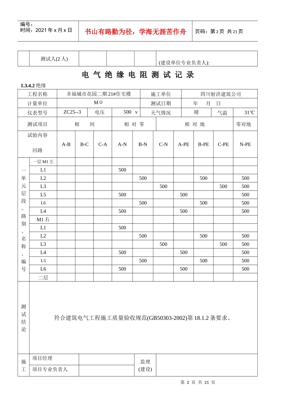 电气绝缘电阻测试记录_第2页