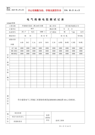 电气绝缘电阻测试记录
