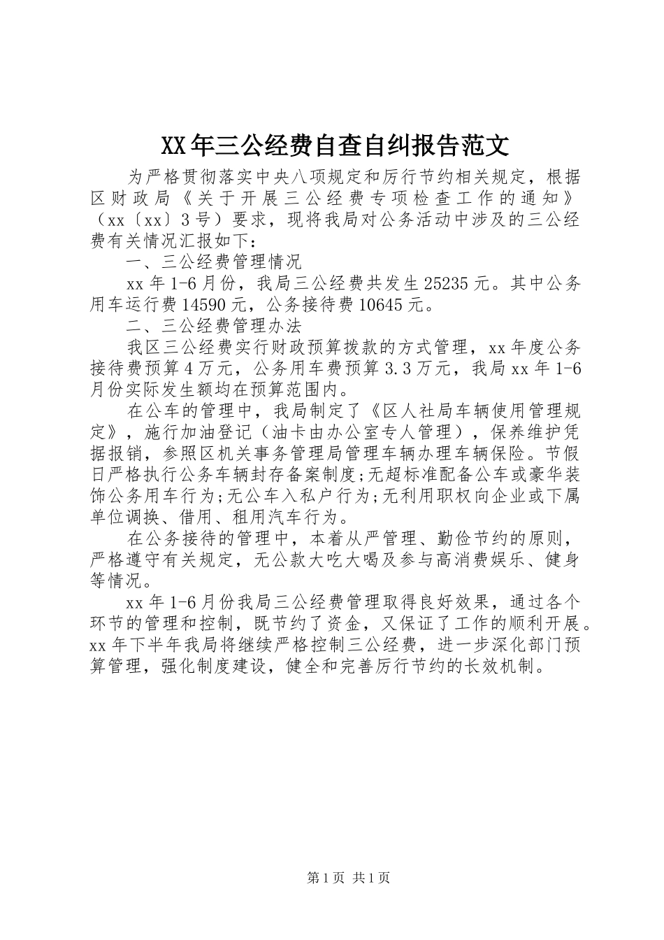 XX年三公经费自查自纠报告范文_第1页