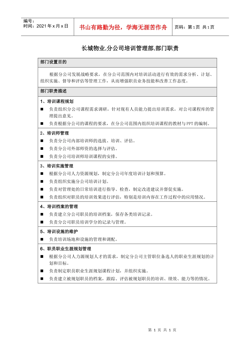 长城物业部门职责—分公司—培训管理部_第1页