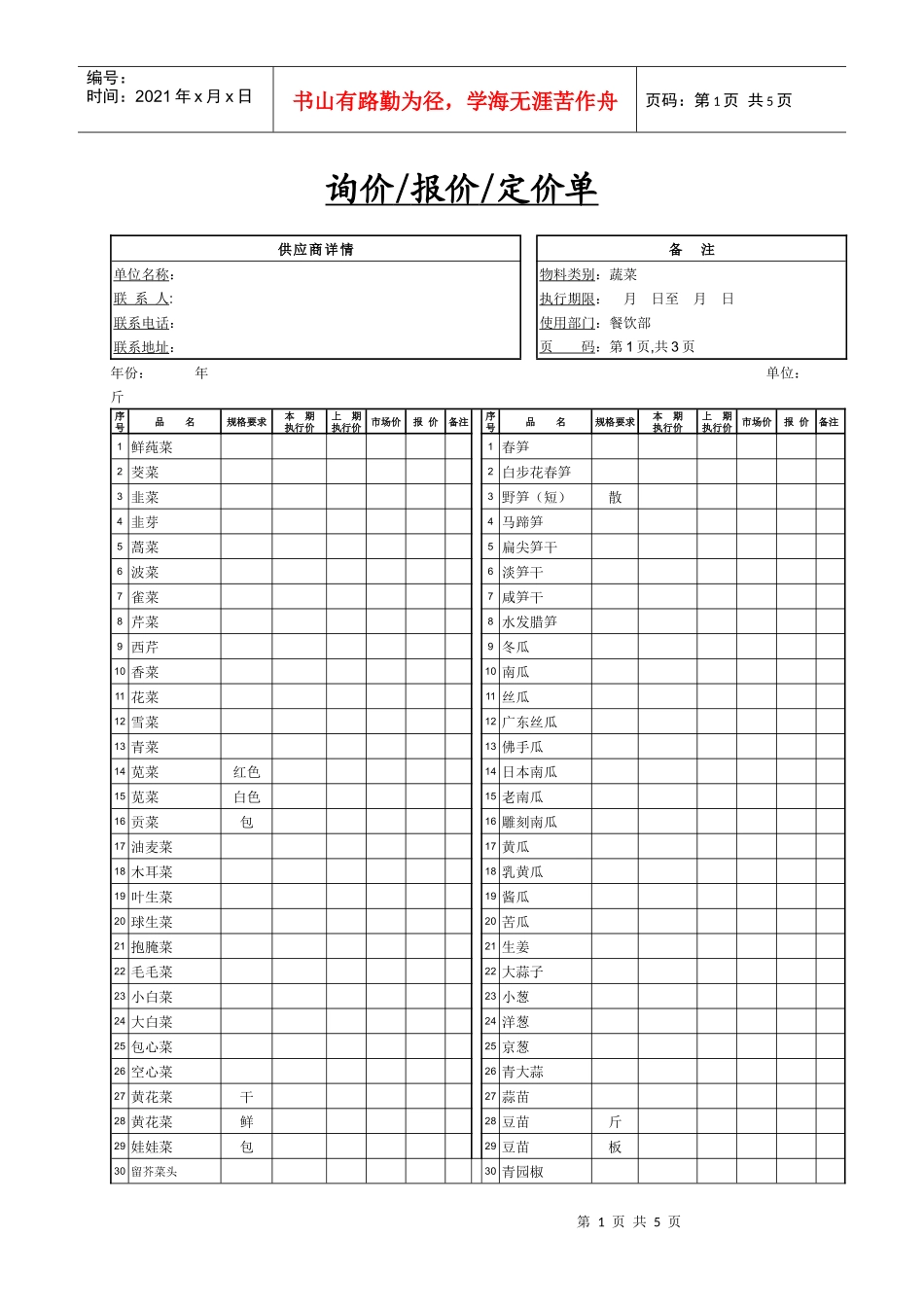 餐饮采购报价单1-蔬菜类_第1页