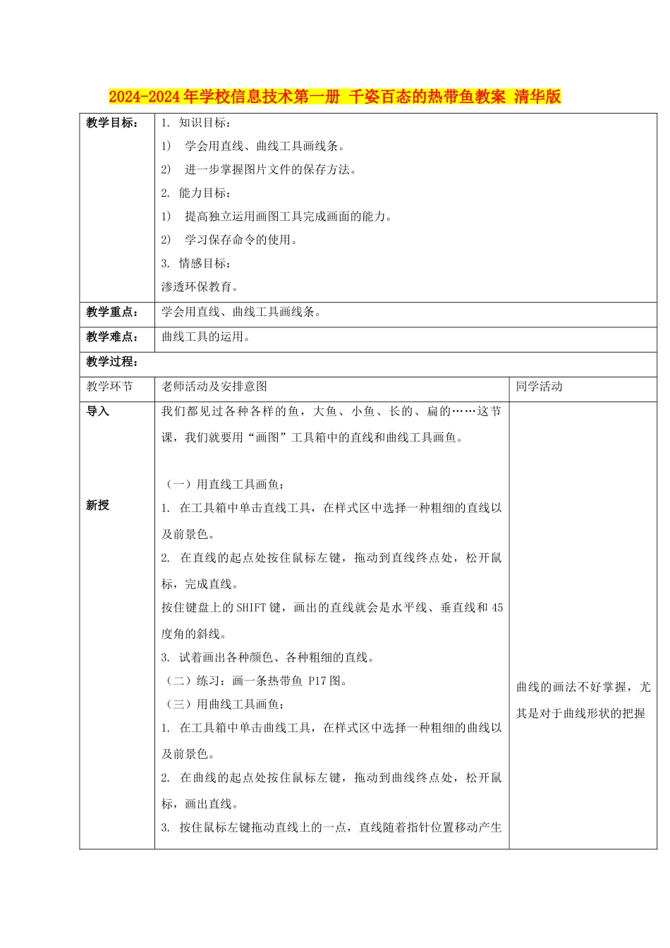 2024-2024年小学信息技术第一册-千姿百态的热带鱼教案-清华版_第1页