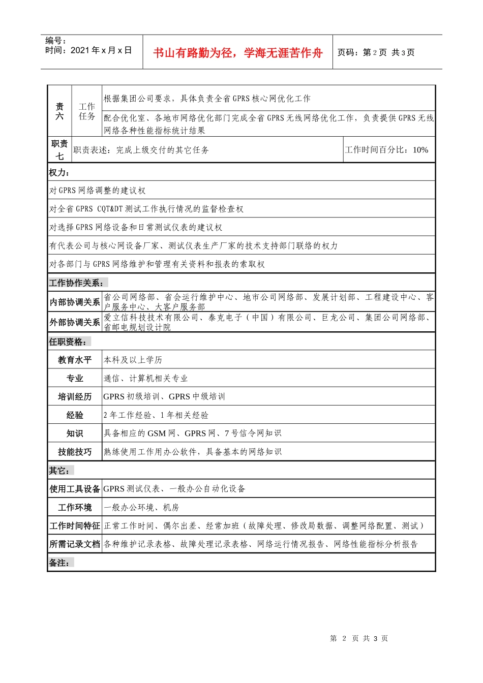 通信行业-网管中心IT室-GPRS管理岗位说明书_第2页