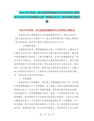 2024年中小学、幼儿园教师基地学分全员培训心得体会与2024年中小学幼儿园“校园安全月”活动实施方案汇编