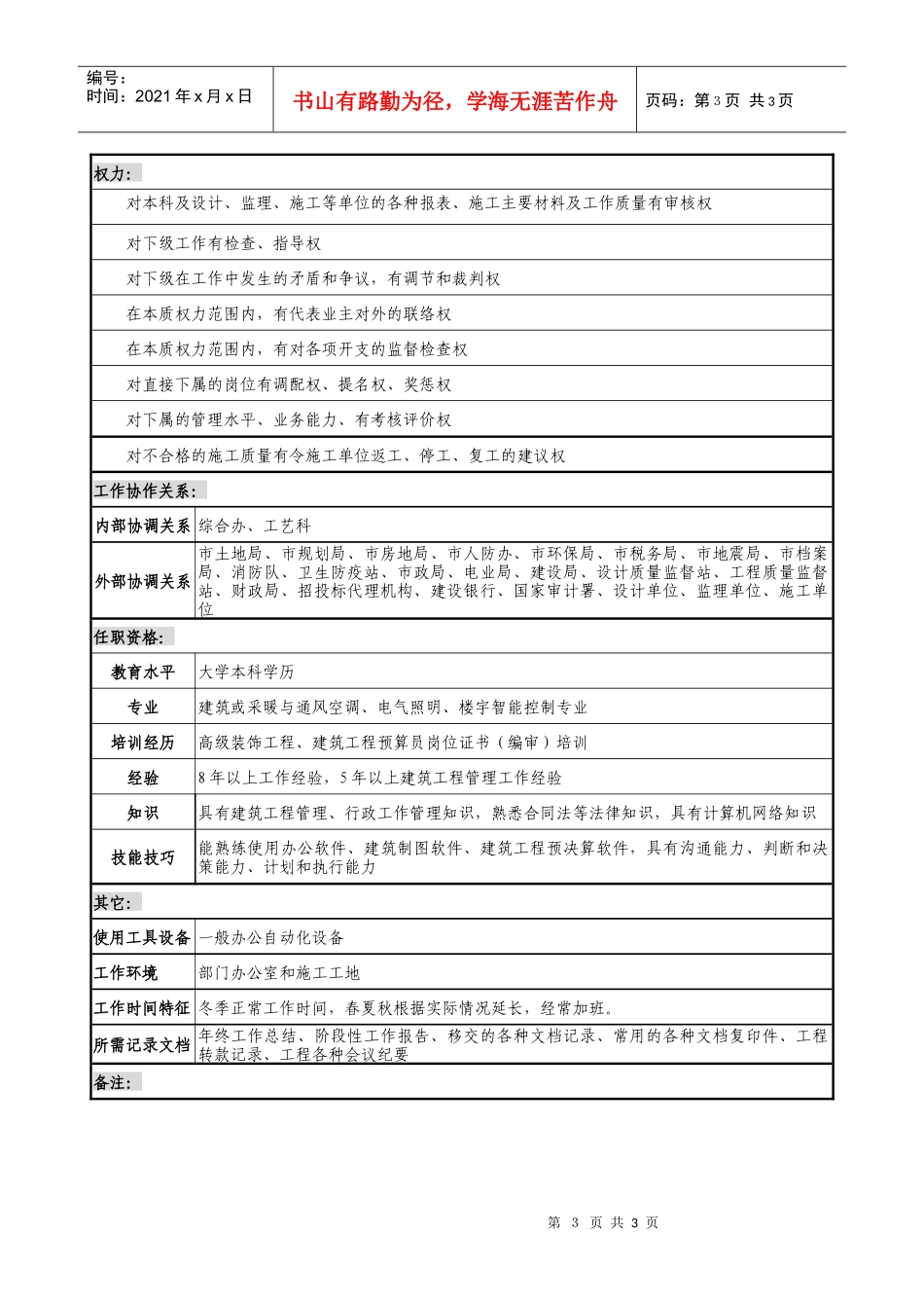 通信行业-枢纽建设办公室-土建科长岗位说明书_第3页
