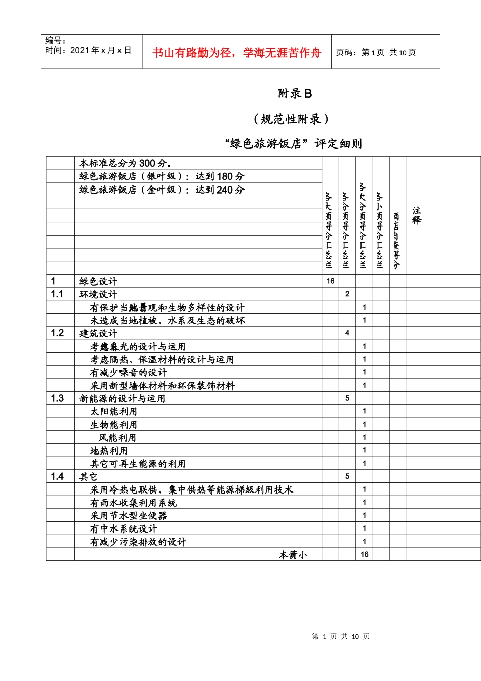 绿色旅游饭店标准 附录B(报告)1_第1页