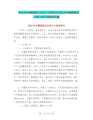 2024年乡镇党政办主任个人总结与2024年乡镇党政办公室工作计划范文汇编