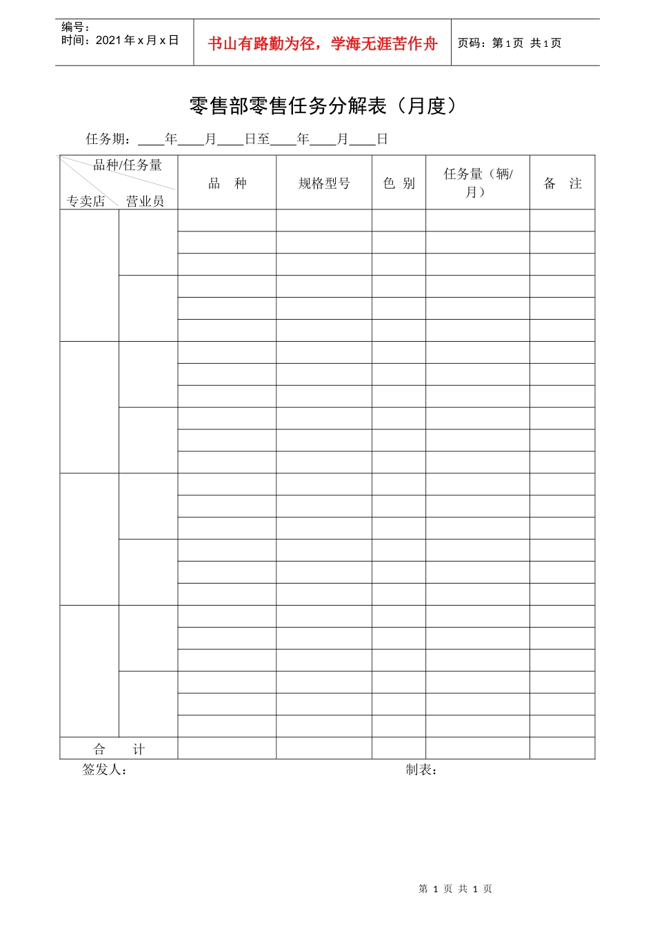零售部零售任务分解表（月度）_第1页