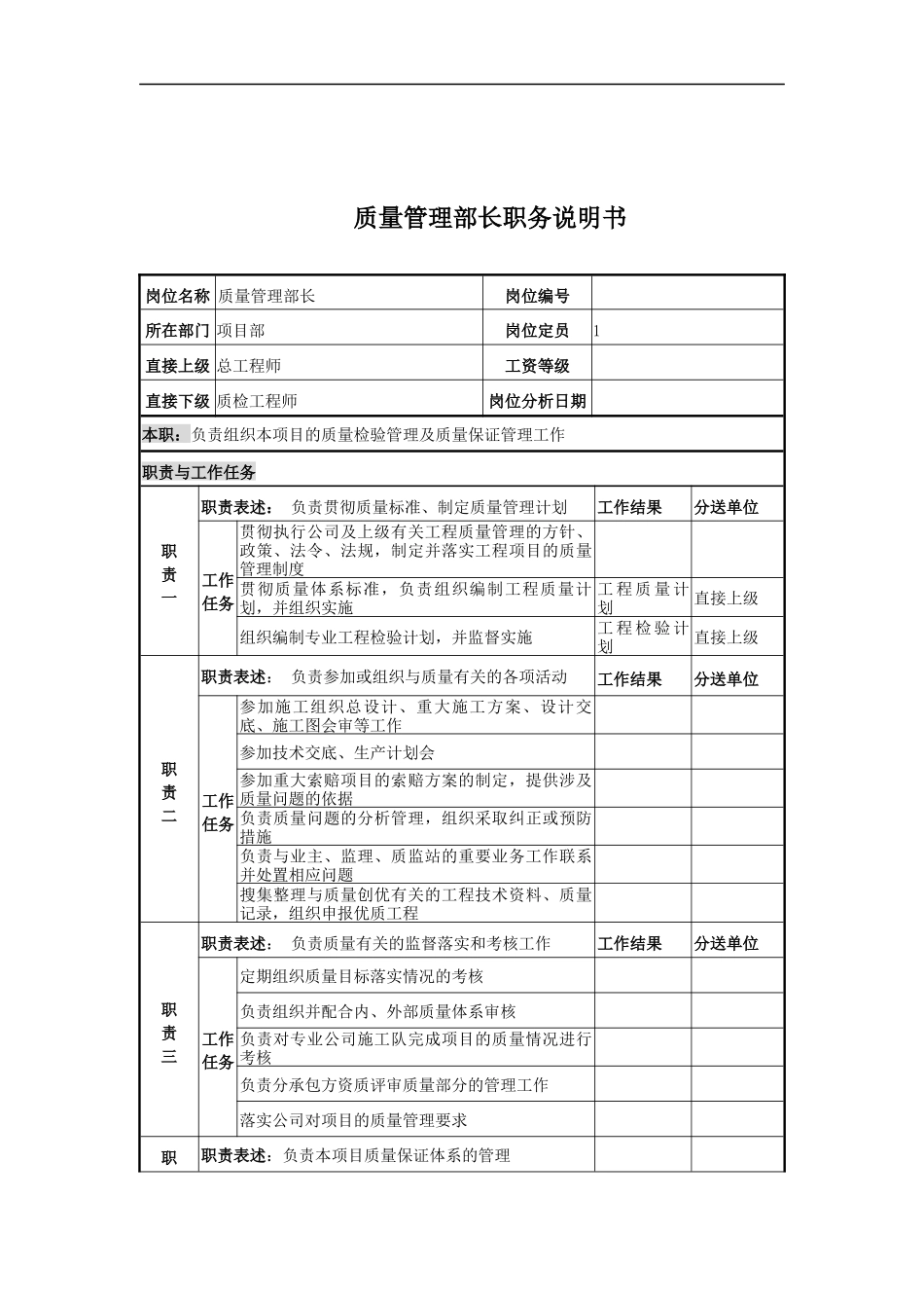 电力公司质量管理部长岗位说明书_第1页