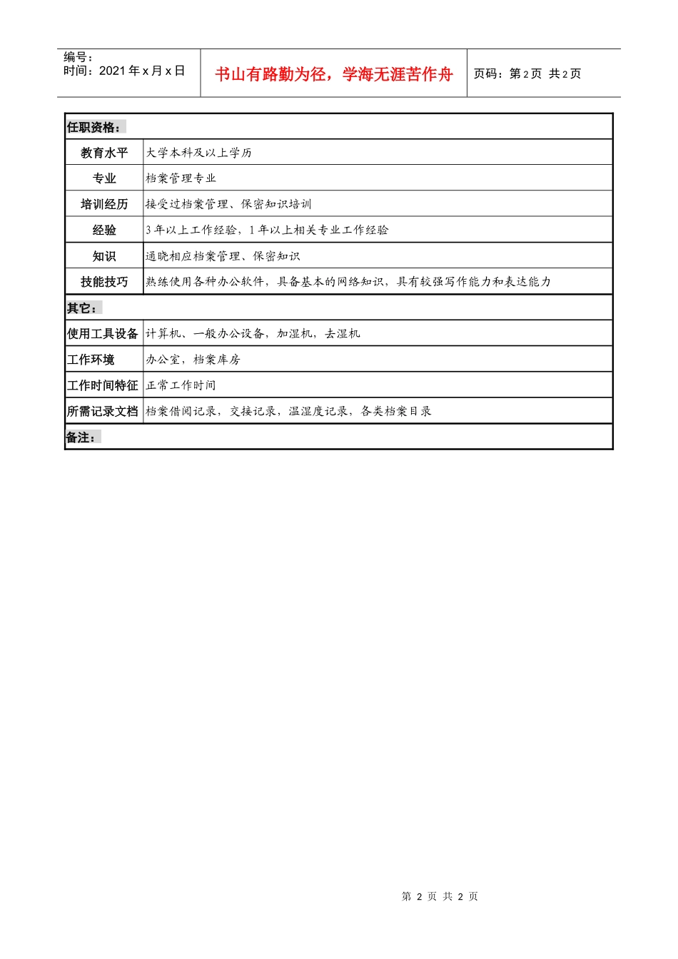 食品饮料企业档案业务专责职务说明书_第2页