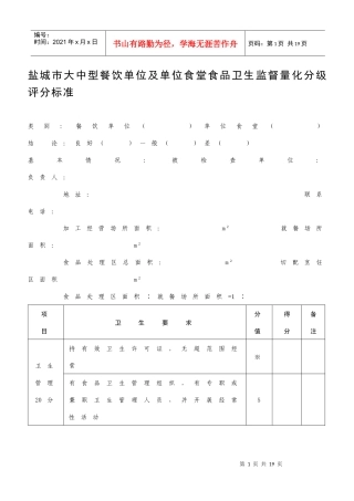 盐城市大中型餐饮单位及单位食堂食品卫生监督量化分级