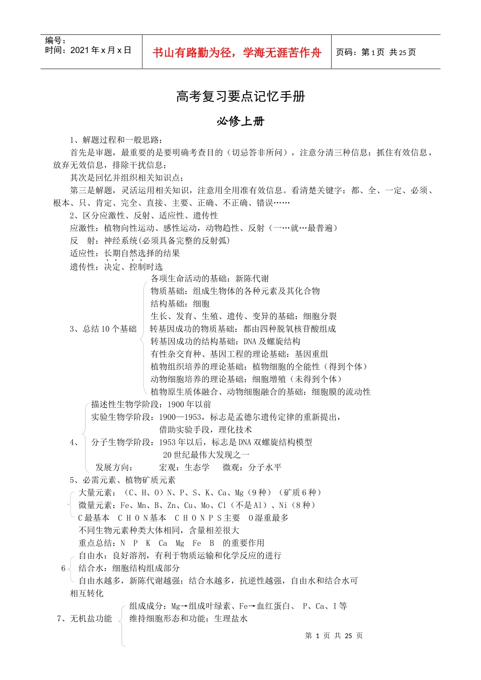 高中生物复习要点记忆手册_第1页