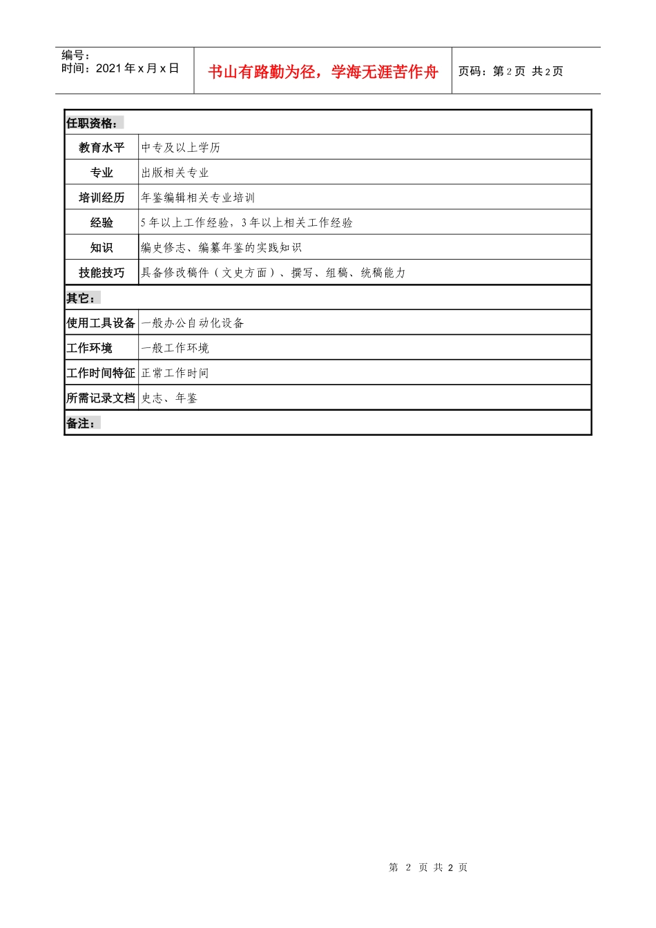 通信行业-信息中心-文史编辑岗位说明书_第2页