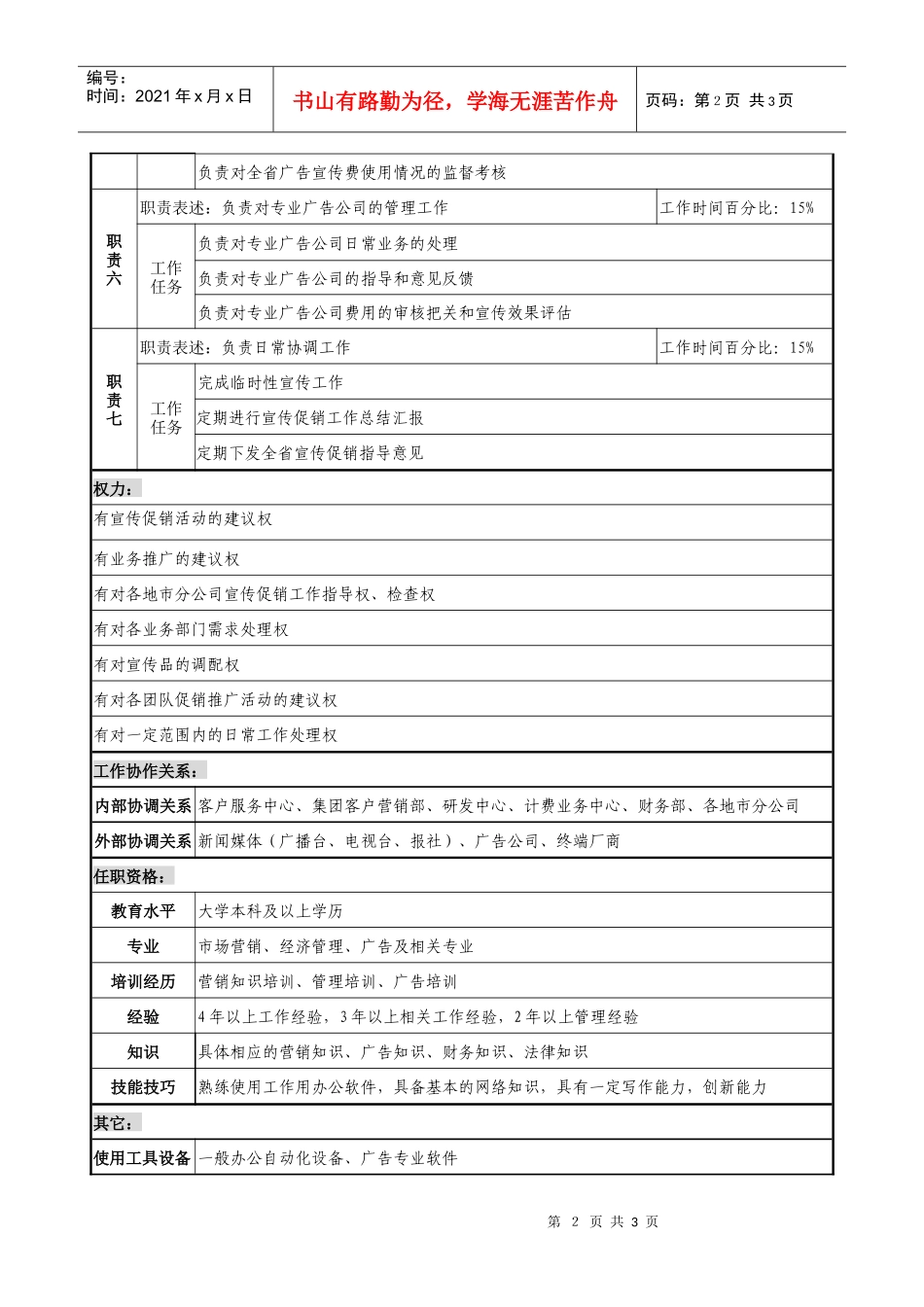 通信行业-市场经营部-广告促销团队长岗位说明书_第2页