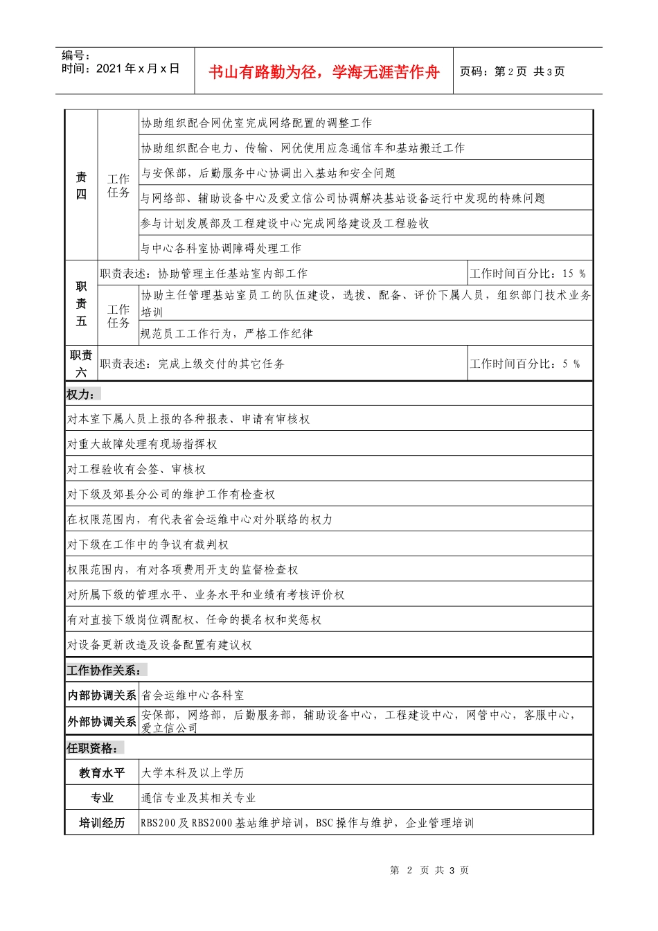 通信行业-省会运维中心-基站室副主任岗位说明书_第2页