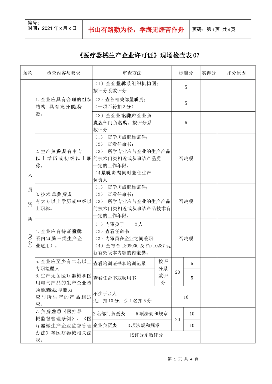 附件江苏省《医疗器械生产企业许可证》现场审查标准_第1页