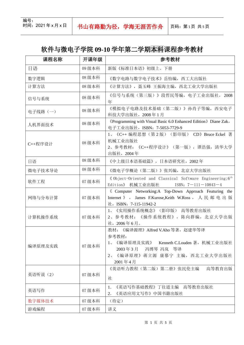 软件与微电子学院09-10学年第二学期本科课程参考教材_第1页