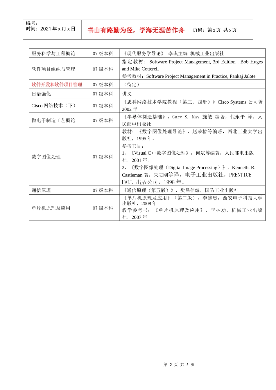 软件与微电子学院09-10学年第二学期本科课程参考教材_第2页