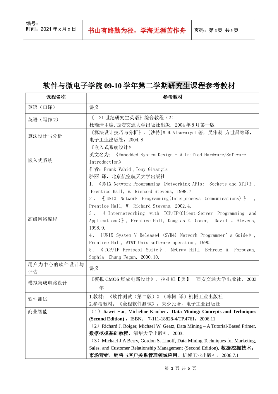 软件与微电子学院09-10学年第二学期本科课程参考教材_第3页