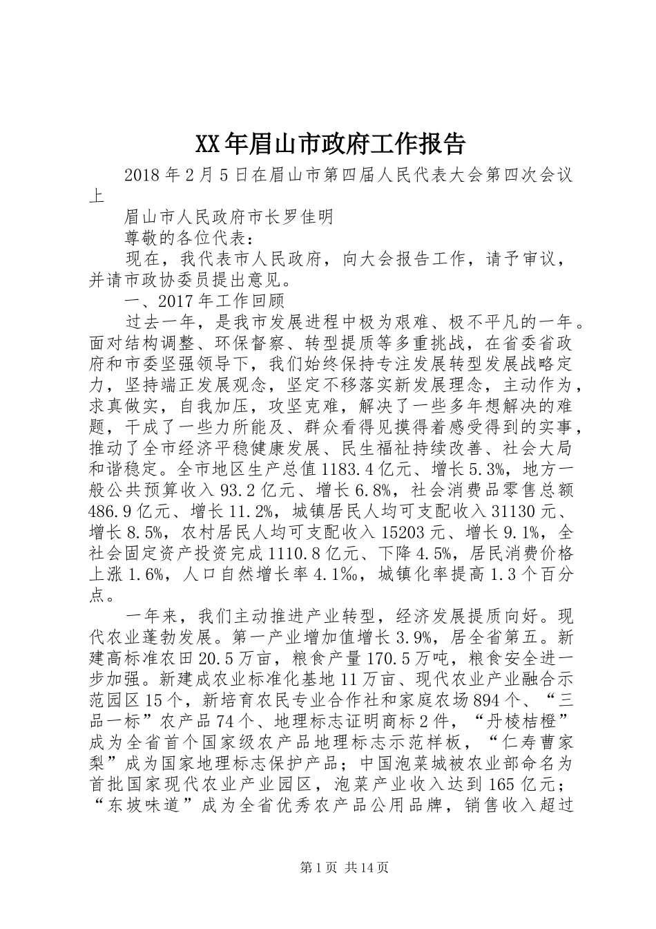 XX年眉山市政府工作报告_第1页
