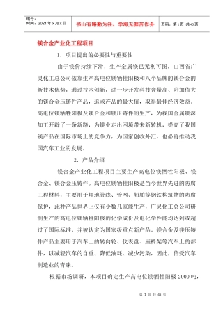 镁合金产业化工程项目培训资料