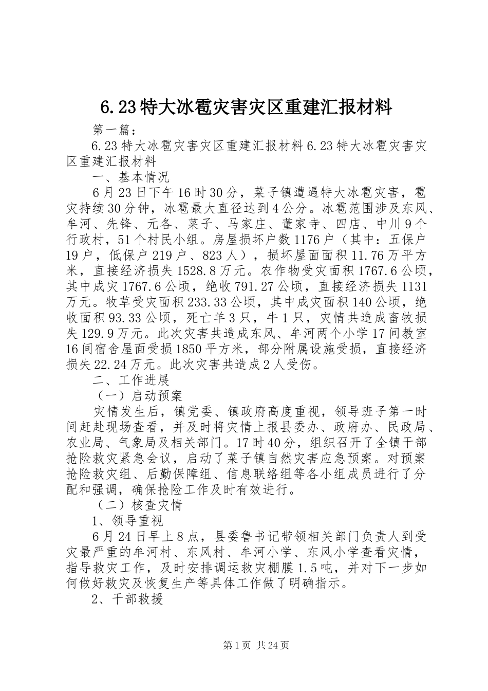 6.23特大冰雹灾害灾区重建汇报材料_第1页