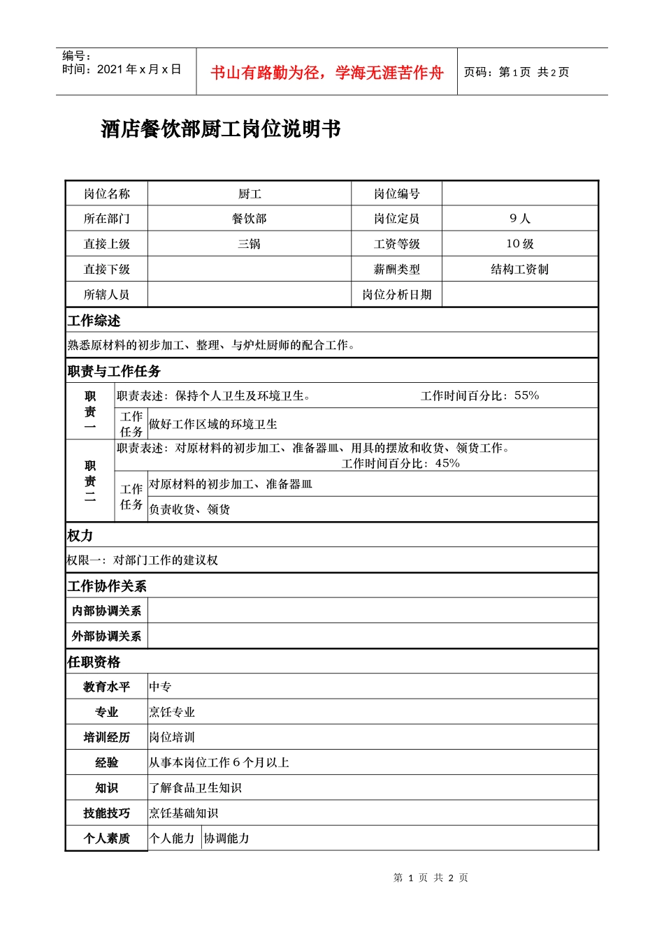酒店餐饮部厨工岗位说明书_第1页