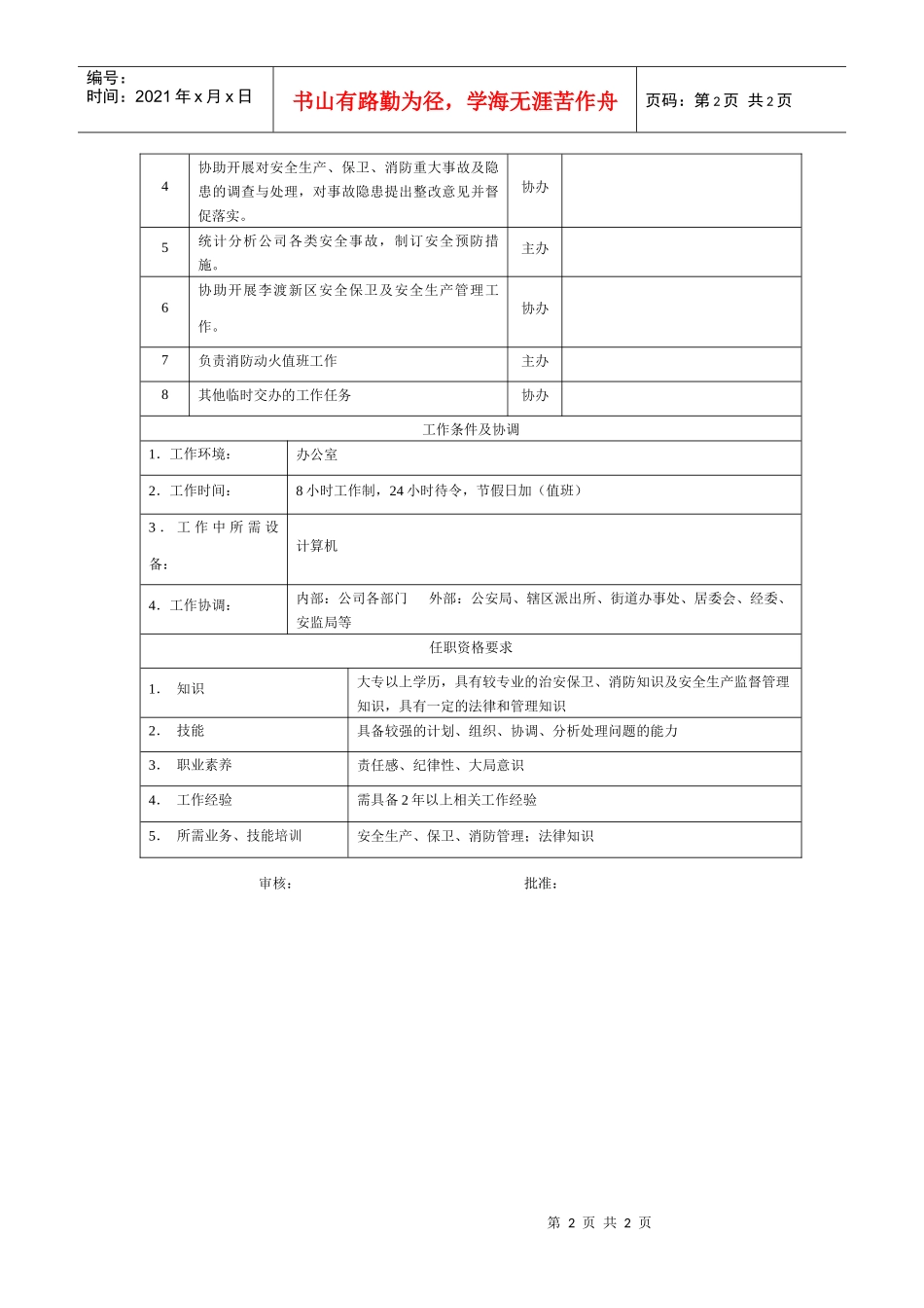 电力集团某大型配件配套企业保卫干事岗位说明书_第2页