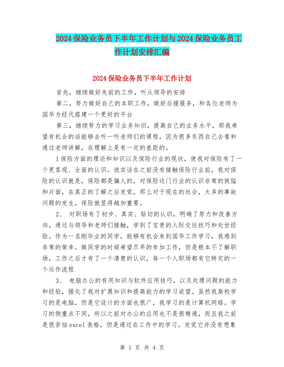 2024保险业务员下半年工作计划与2024保险业务员工作计划安排汇编_第1页