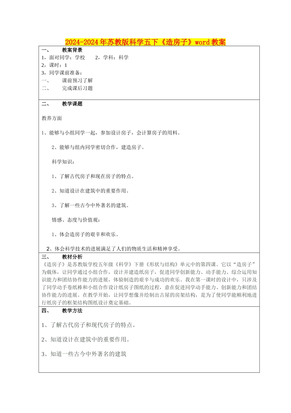 2024-2024年苏教版科学五下《造房子》word教案_第1页