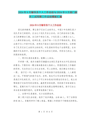2024年9月辅导员个人工作总结与2024年9月部门新员工试用期工作总结模板汇编