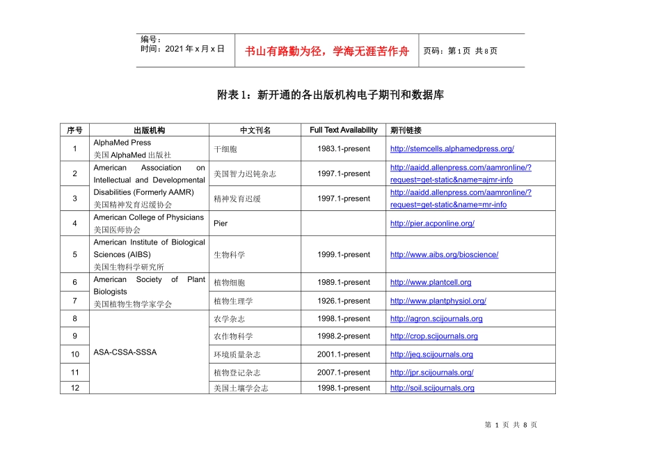 附表1新开通的各出版机构电子期刊和数据库_第1页