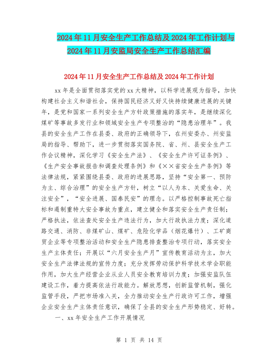 2024年11月安全生产工作总结及2024年工作计划与2024年11月安监局安全生产工作总结汇编_第1页