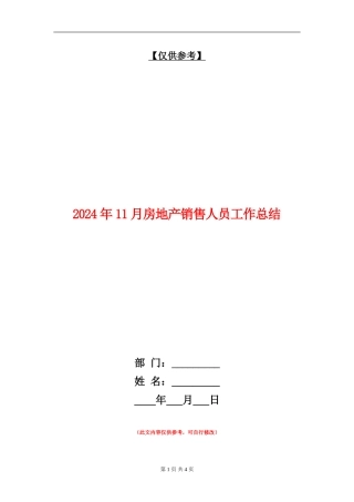 2024年11月房地产销售人员工作总结