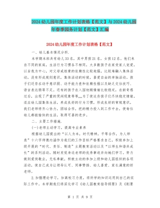 2024幼儿园年度工作计划表格与2024幼儿园年春季园务计划【范文】汇编