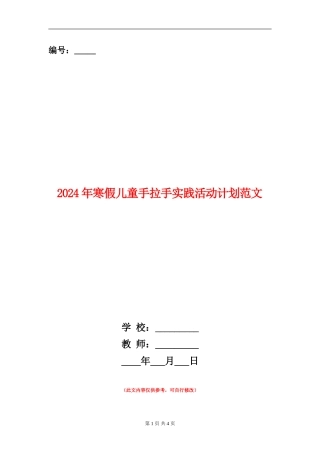 2024年寒假儿童手拉手实践活动计划范文