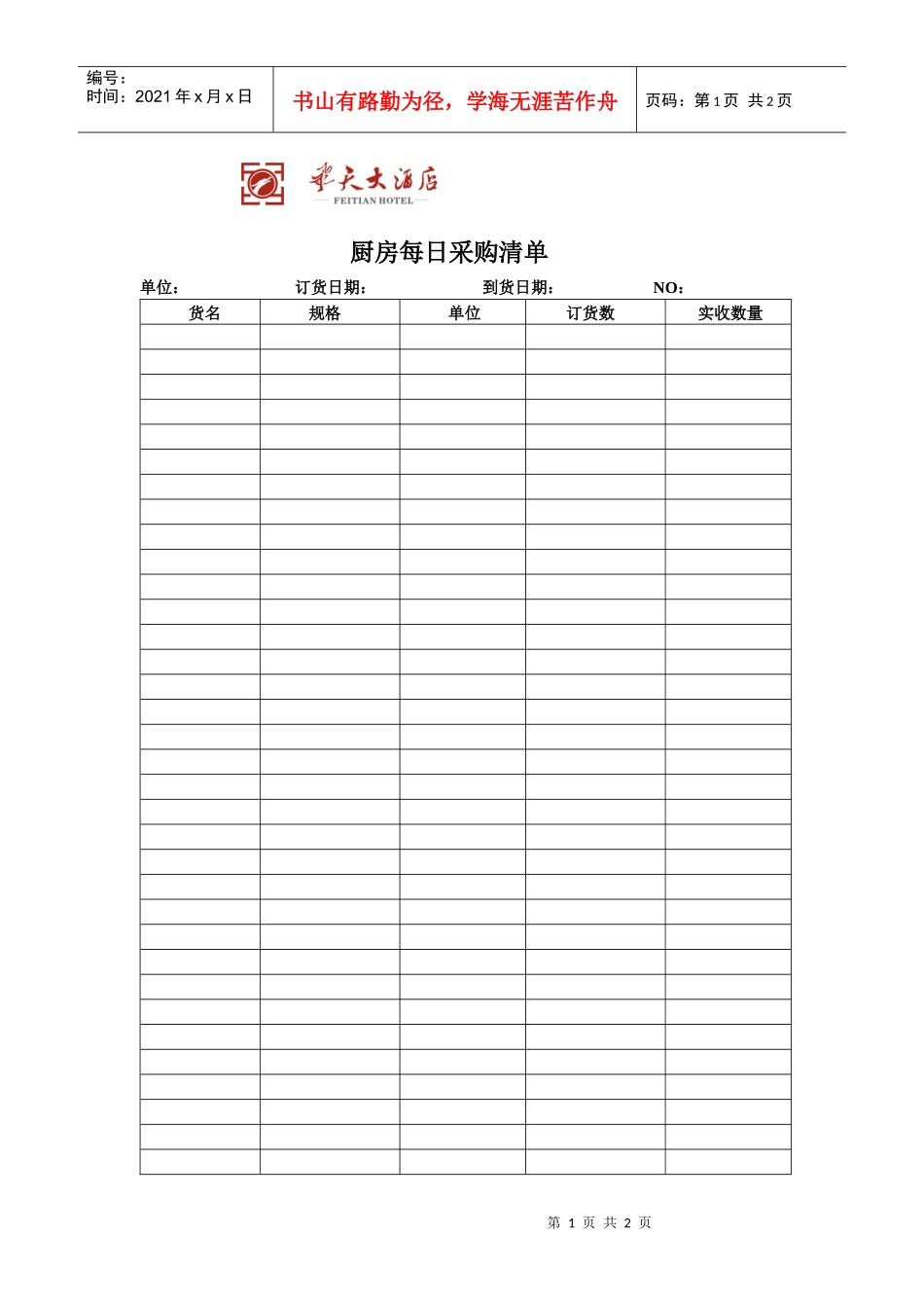 飞天大酒店厨房每日采购清单_第1页