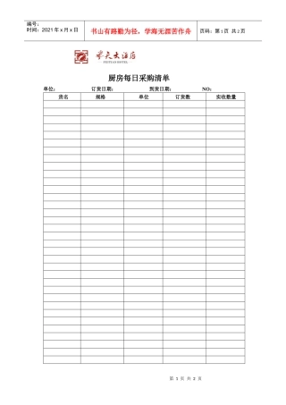 飞天大酒店厨房每日采购清单