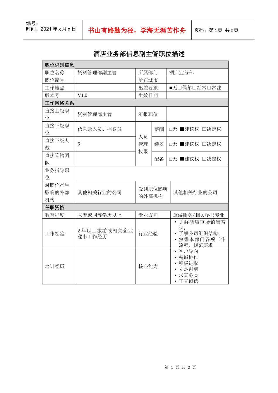 酒店业务部信息副主管岗位说明书_第1页