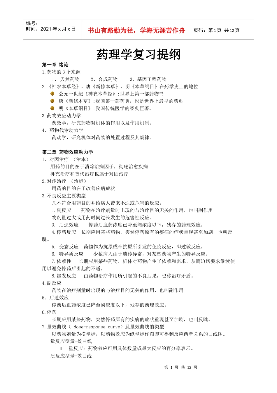 药理学复习提纲 未删减版_第1页
