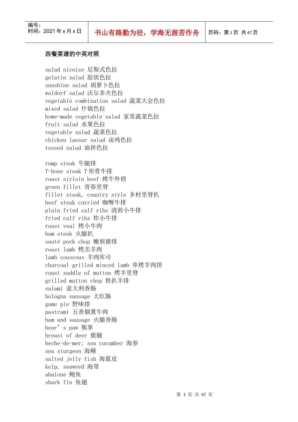 酒店饭店餐馆菜单中英文对照大全_第1页