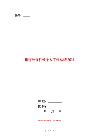 银行分行行长个人工作总结2024