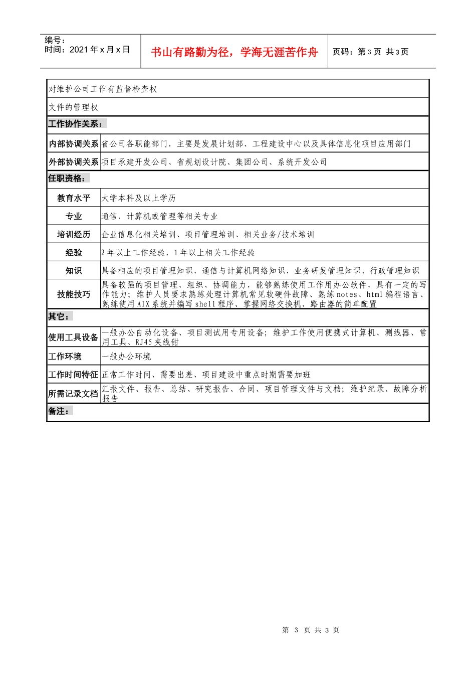 通信行业-信息中心-信息系统开发与维护岗位说明书_第3页