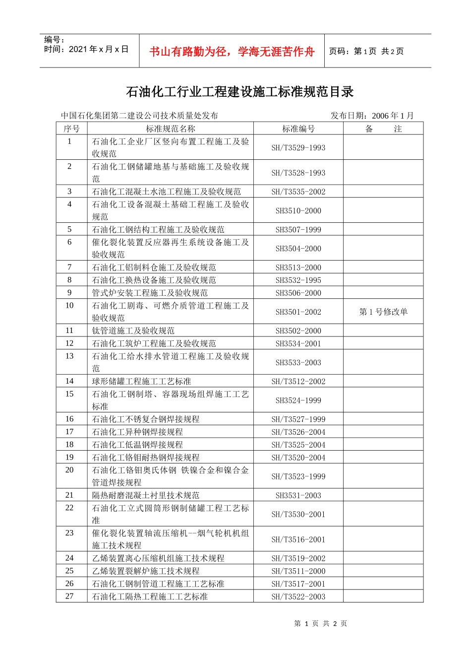 石油化工行业工程建设施工标准规范目录_第1页