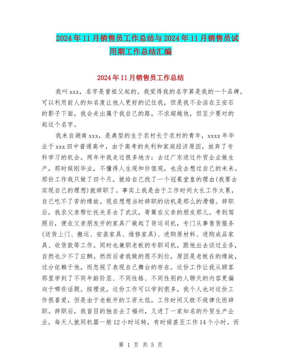 2024年11月销售员工作总结与2024年11月销售员试用期工作总结汇编_第1页