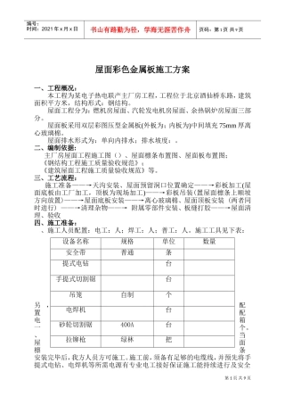 联产工程主厂房工程屋面彩色金属板安装工程施工组织设计方案(DOC11页)
